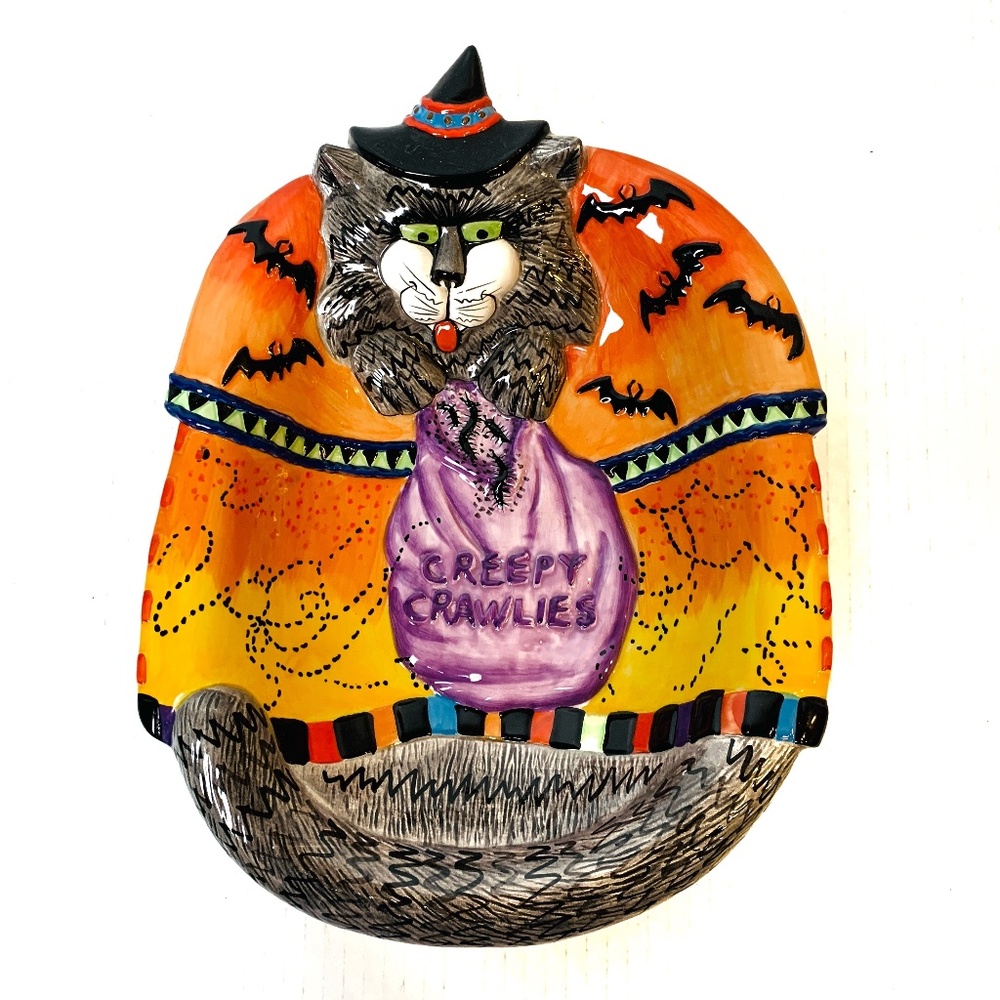 Fitz and Floyd Kitty Witches Ceramic Candy Dish 10" Creepy Crawlies NO BOX Cat
